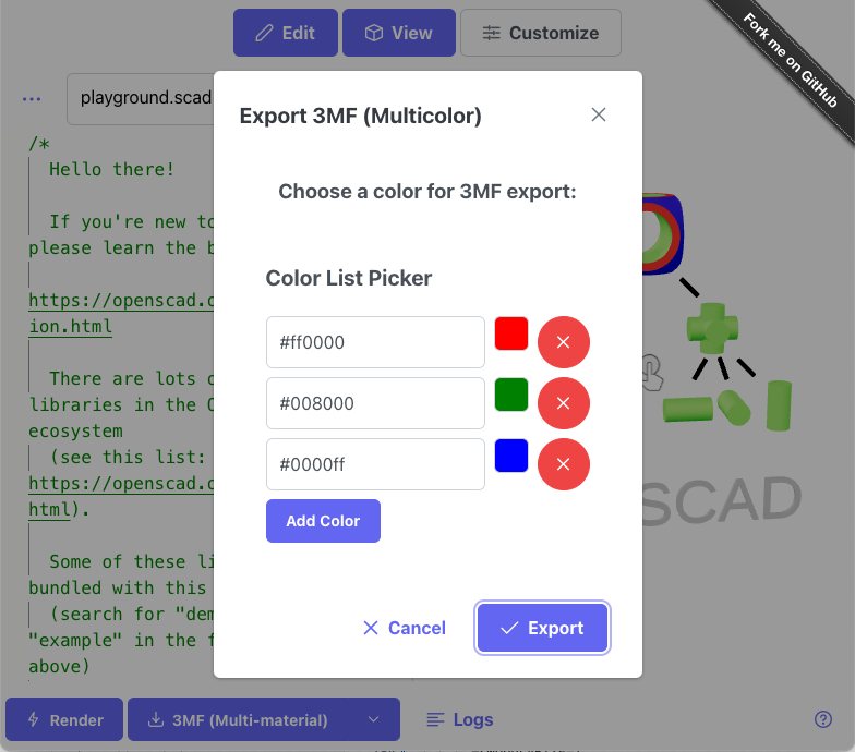 ochafik's tweet image. The @OpenSCAD Web Playground just got 100x better:

- Colors (thanks to @ManifoldCAD)
- Customizer UI
- Export to glTF, OFF, X3D, 3MF
- AR-enabled on supported devices (e.g. iPhones) thanks to @modelviewer 
- Multimaterial export (BambuStudio/PrusaSlicer)

ochafik.com/openscad2