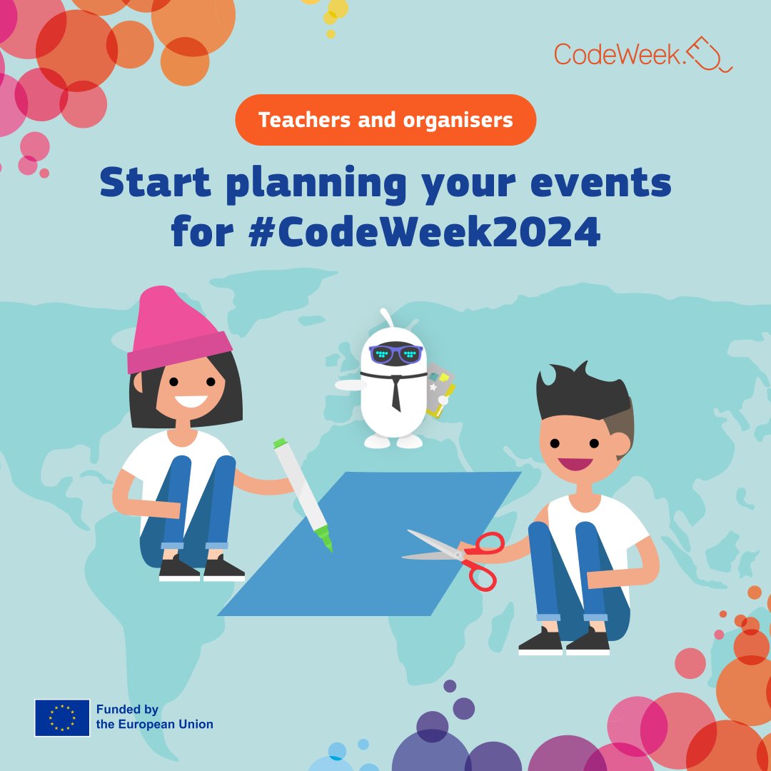 CodeWeekEU's tweet photo. Teachers and organisers, it’s time to get those creative juices flowing! Start planning your events for #CodeWeek2024.
Visit our website - https://t.co/tuKsMEXqve - for some #inspiration
#GetReady #CodeWeek24 #EUCodeWeek https://t.co/j9EdvrdHmT