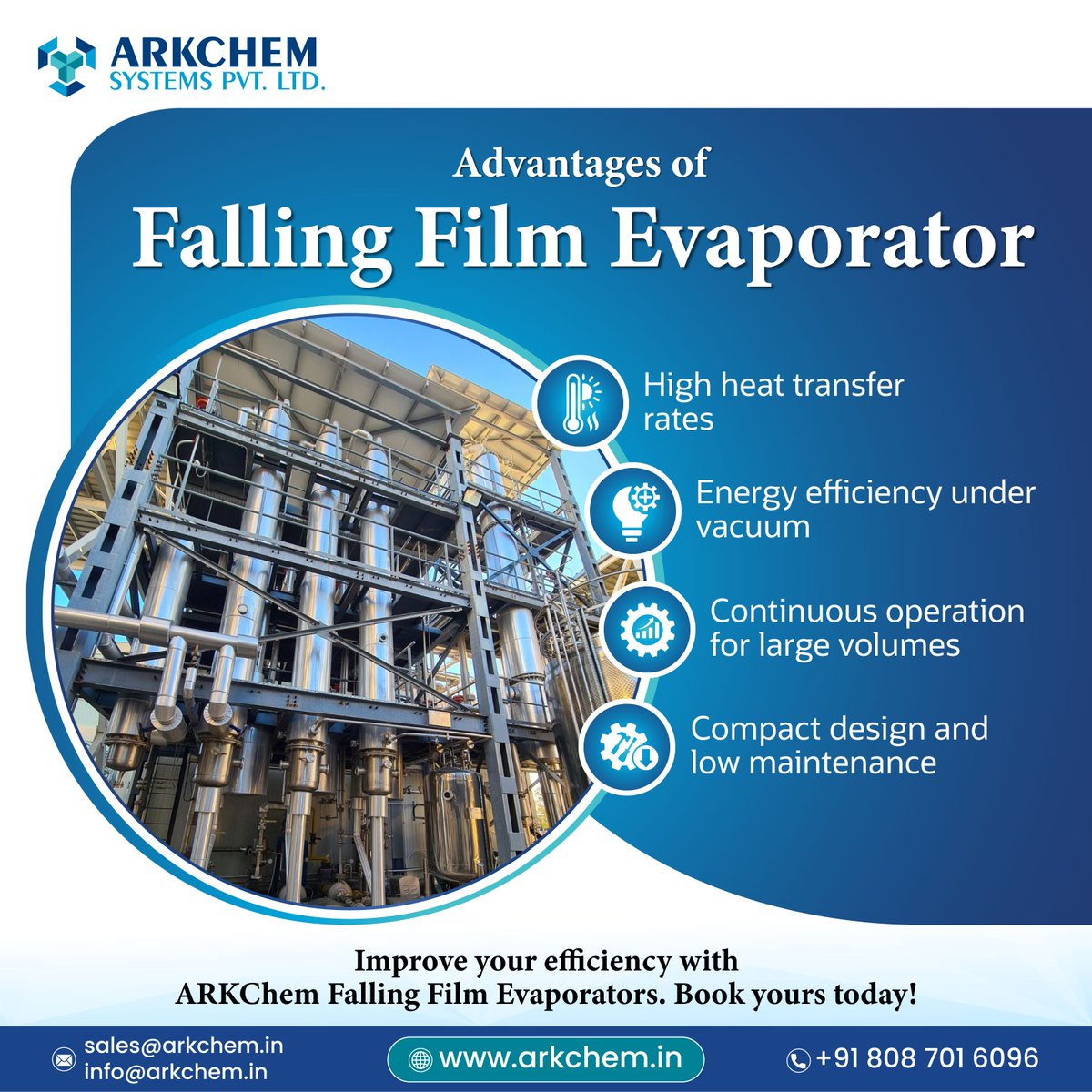arkchemsystems's tweet photo. Boost your efficiency with ARKChem's Falling Film Evaporators! Enjoy high heat transfer rates, energy savings under vacuum, low-maintenance design etc. Transform your process today. 
 
#fallingfilm #efficiency #fallingfilmevaporator #evaporator #innovation #process #arkchemsystem https://t.co/8EeYxJoJQj