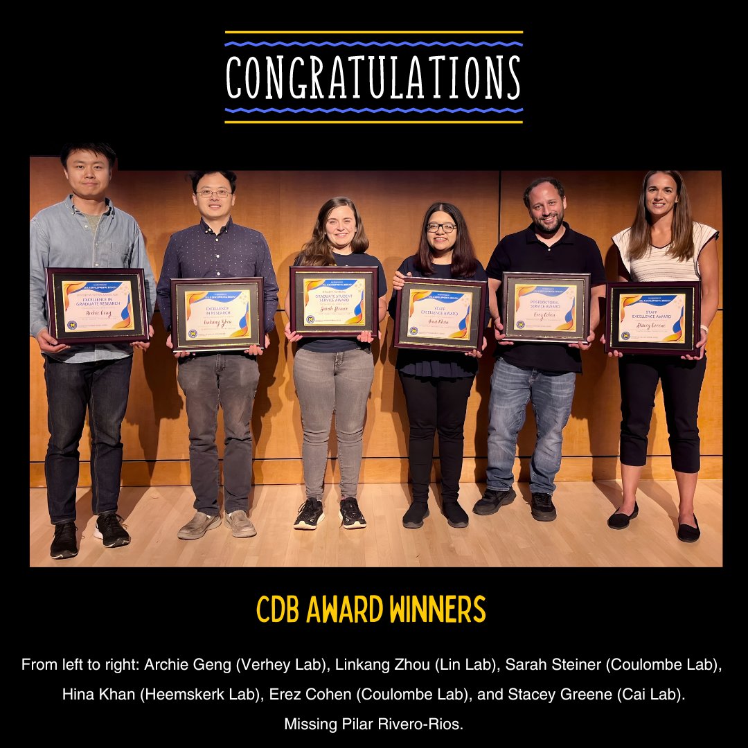 Congratulations to our CDB Award Winners!

This year, we proudly recognized 2 Ph.D. students, 2 postdocs, 1 research faculty, and 2 staff members for their exceptional contributions. Their dedication and excellence set a new benchmark for our community. Congrats to all!

#awards