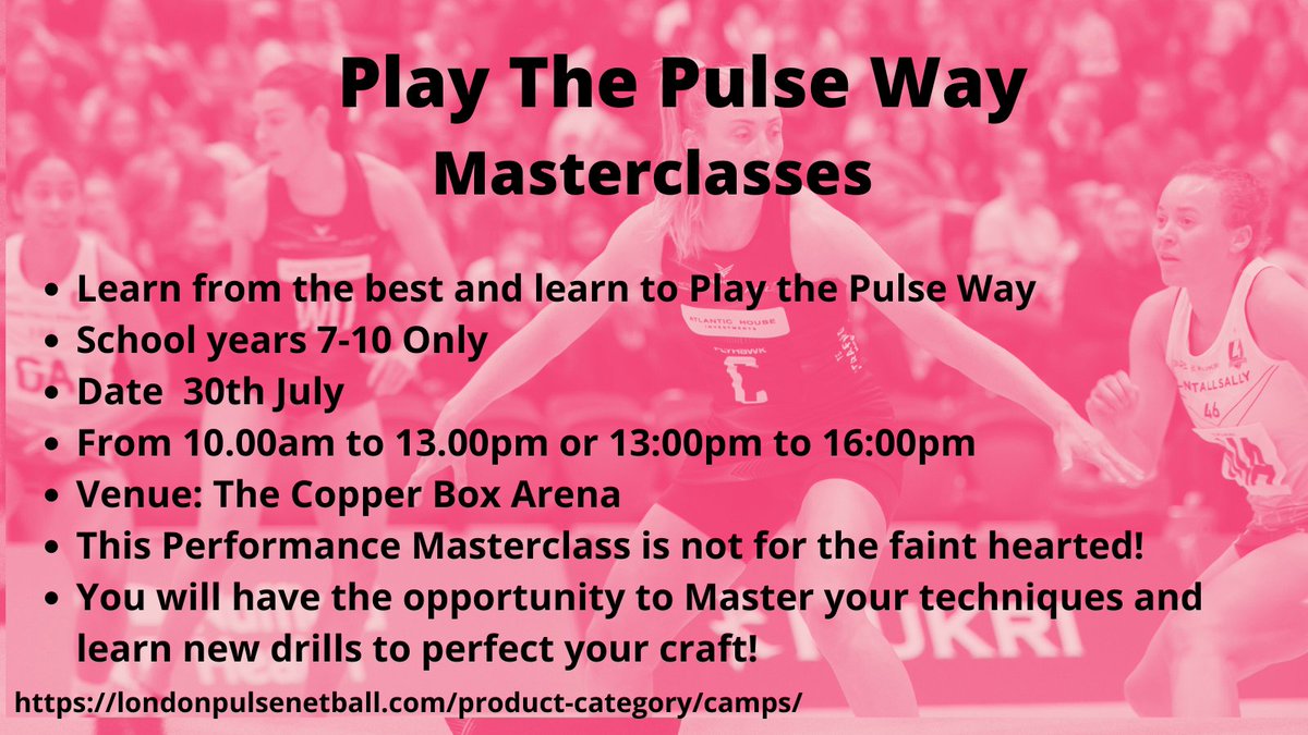 Summer Masterclasses and Camps are headed your day.

Book on now for summer netball fun!

Junior Masterclasses

londonpulsenetball.com/product-catego…