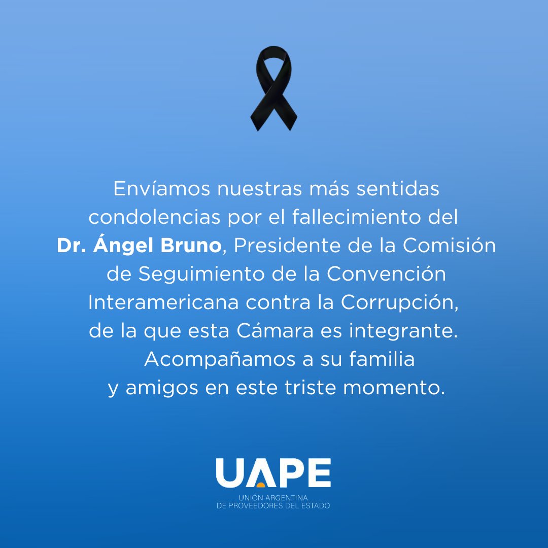 Expresamos nuestras condolencias por el fallecimiento del Dr. Ángel Bruno, Presidente de la Comisión de Seguimiento de la Convención Interamericana contra la Corrupción.
Acompañamos a su familia y amigos en este momento.
