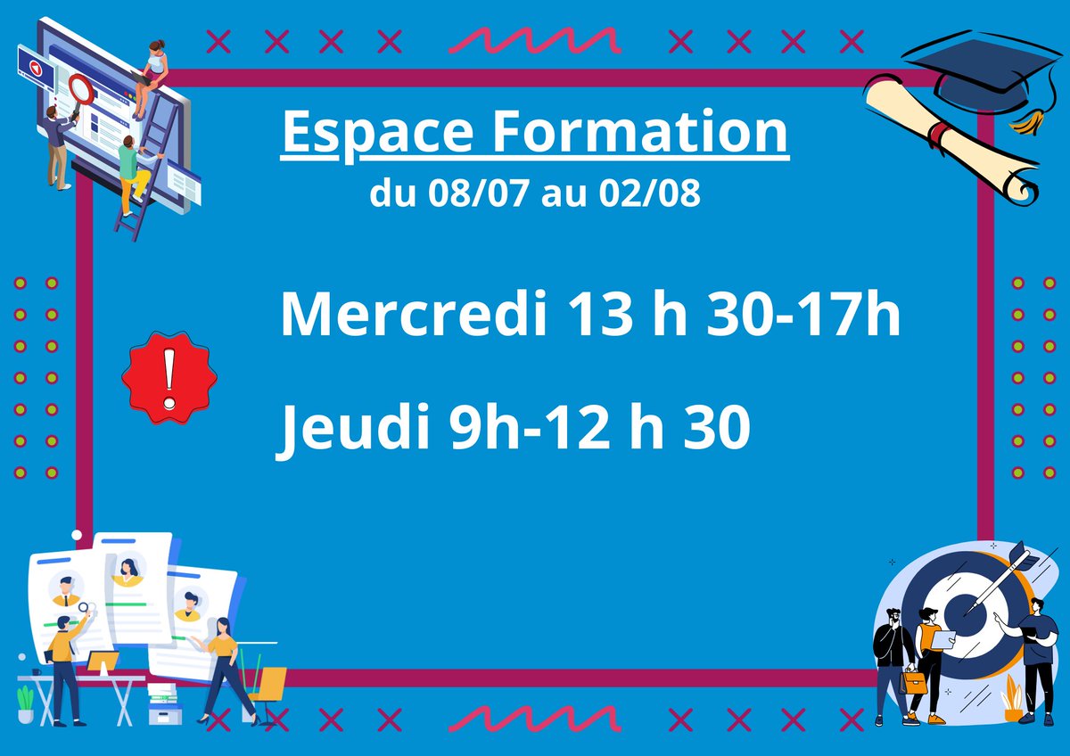 📅 Horaires d'ouverture - Espace Formation Juillet 2024 📅

🕒 Mercredi après-midi
🕒 Jeudi matin

N'hésitez pas à nous contacter pour plus d'informations. À très bientôt !

#MissionLocale #Fresnes #EspaceFormation #Juillet2024 #Horaires