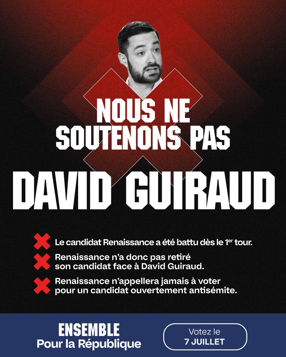 ❌STOP AUX FAKE NEWS : pas de soutien aux anti-républicains.

👉Tarik Mekki, le candidat soutenu par Renaissance, a été éliminé au 1er tour
👉Sa position personnelle vis-à-vis de Mr Guiraud n'engage pas le parti
👉Renaissance n'appellera jamais à voter pour un candidat antisémite