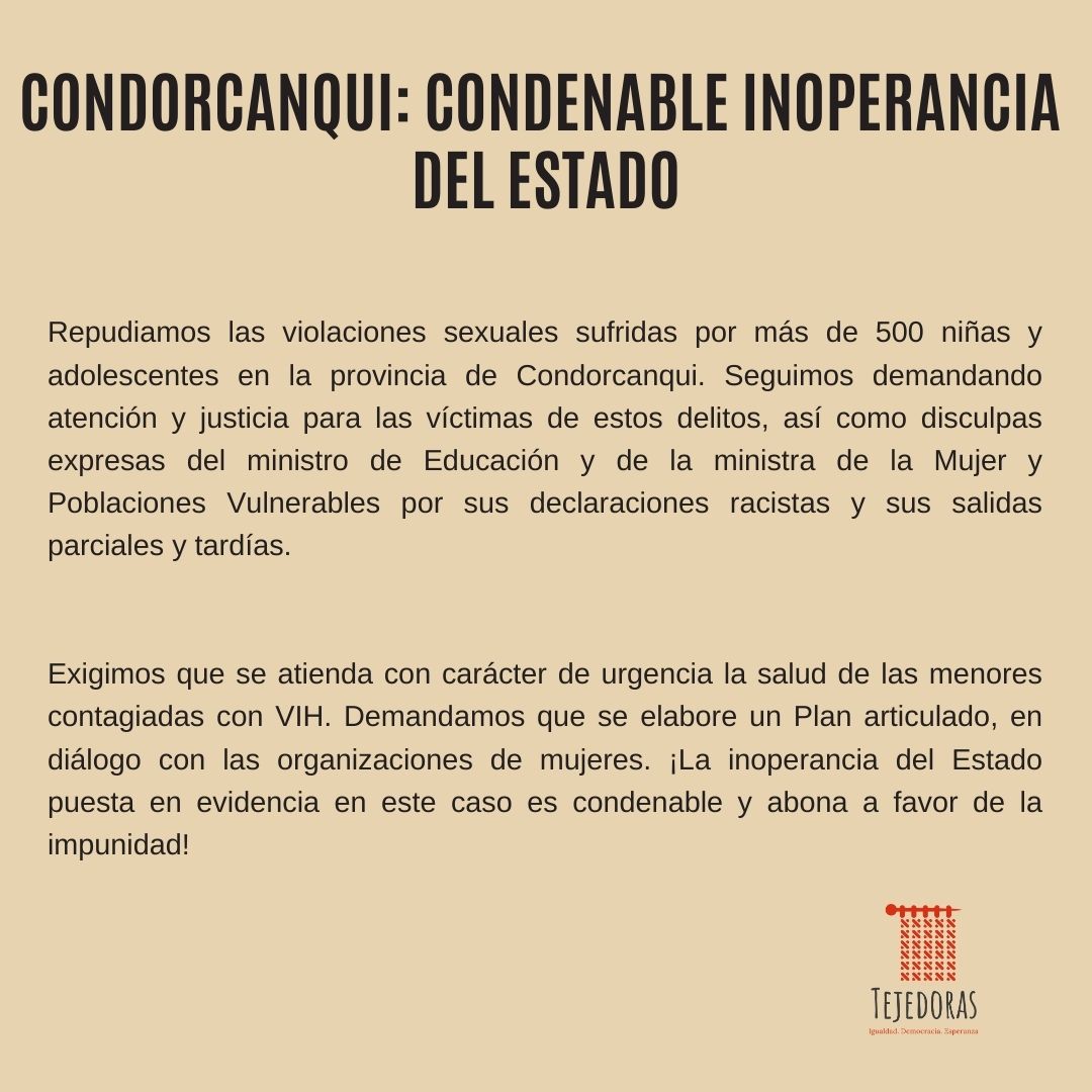 Lastejedoras_pe's tweet photo. Condenamos inoperancia del Estado en el caso Condorcanqui, que abona en favor de impunidad para los responsables del delito de violación sexual cometido contra más de 500 niñas y adolescentes. Las valientes lideresas awajún que denunciaron los hechos tienen nuestro respaldo! https://t.co/V2O168fkUr