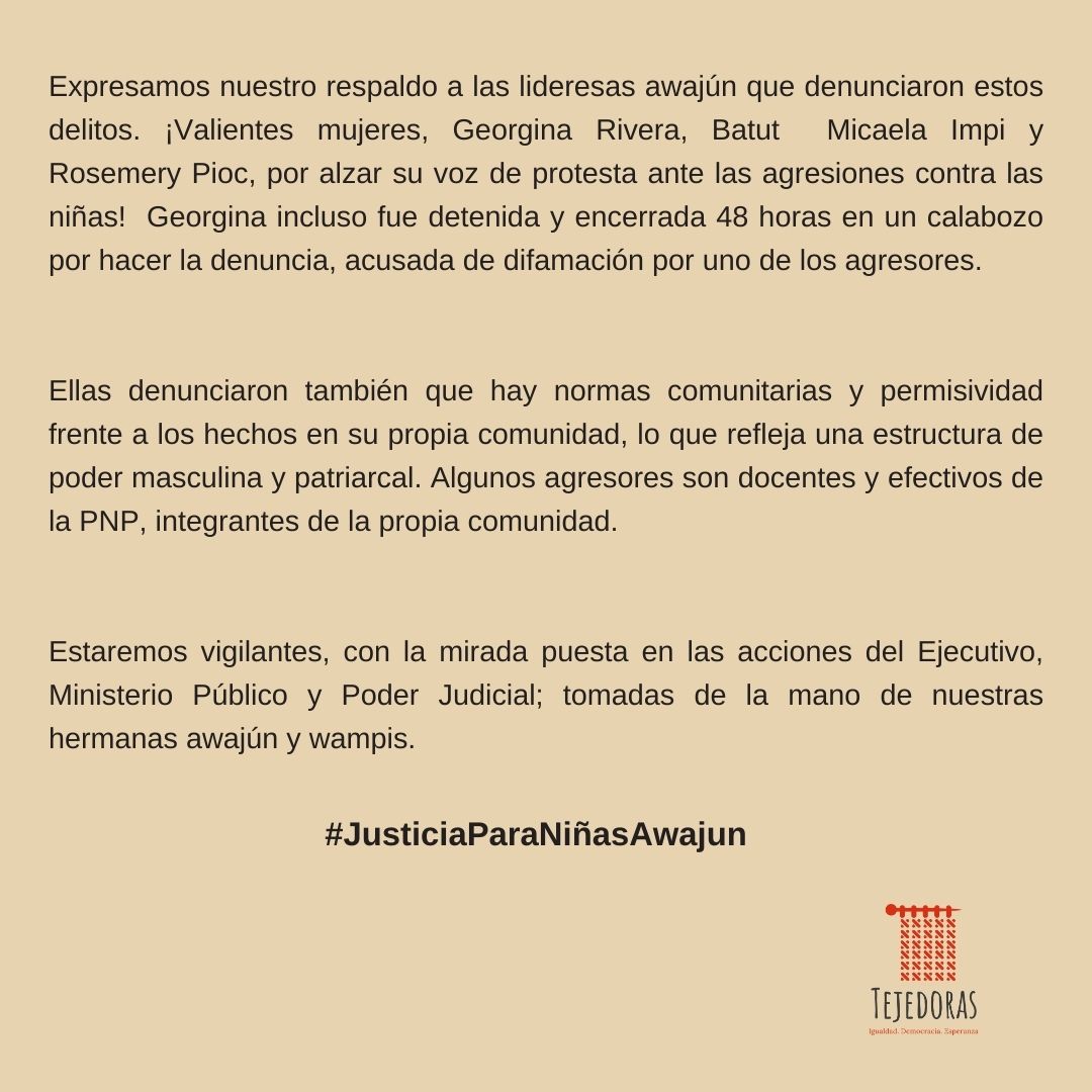 Lastejedoras_pe's tweet photo. Condenamos inoperancia del Estado en el caso Condorcanqui, que abona en favor de impunidad para los responsables del delito de violación sexual cometido contra más de 500 niñas y adolescentes. Las valientes lideresas awajún que denunciaron los hechos tienen nuestro respaldo! https://t.co/V2O168fkUr