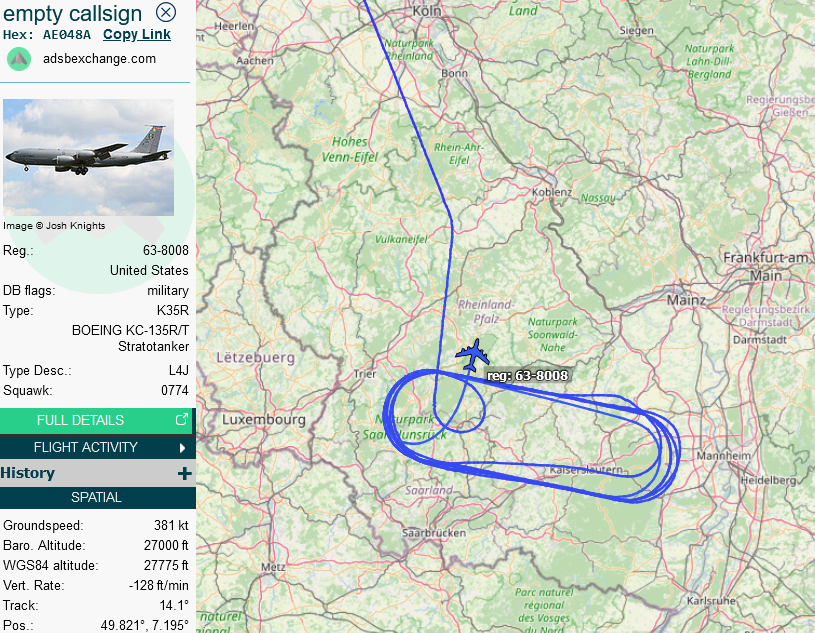 SirListenalot's tweet photo. 1230z #KC135 #AE048A #QID21 rtb Mildenhall after AR with Spangdahlem #F16's
#BEVIS01-03 (tails 417, 344, 352)
#LOBO01-04 (tails 402, 833, 083, 813)
#SHIELD01-02 (tails ?) https://t.co/zreF7BuFD7