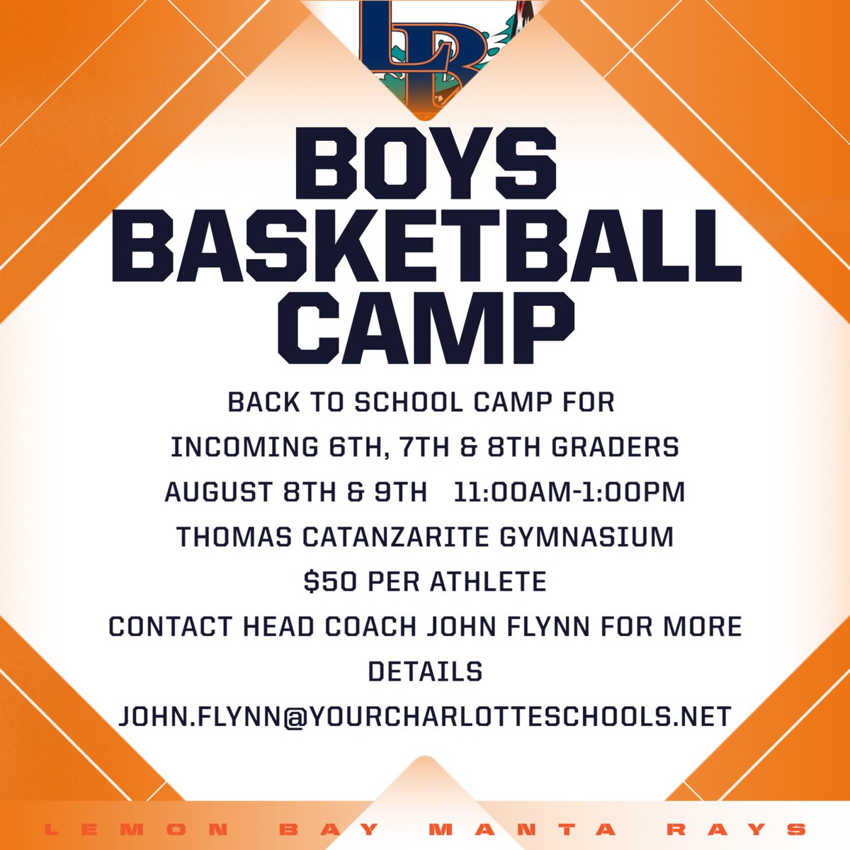 Gotta start ‘em early: Lemon Bay will conduct a back-to-school hoops camp for grades 6-8 in August. Here’s that info: