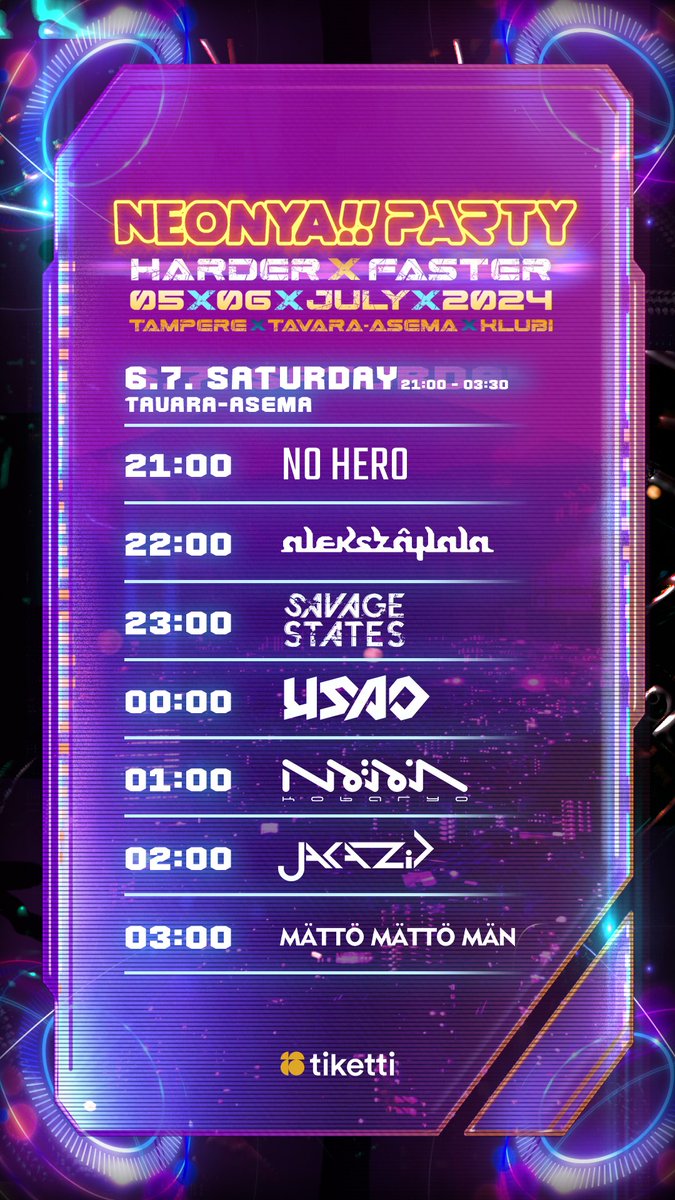 ⚡HARDER X FASTER⚡ TIMETABLES
Save 'em on your phone for quick access!

Only 3 nights to go! There's a handful of VIP tickets left and if you got a saturday ticket but feel like raving on both days, go grab a friday "Pre-party only" upgrade!

Tickets:  
tiketti.fi/event/95063