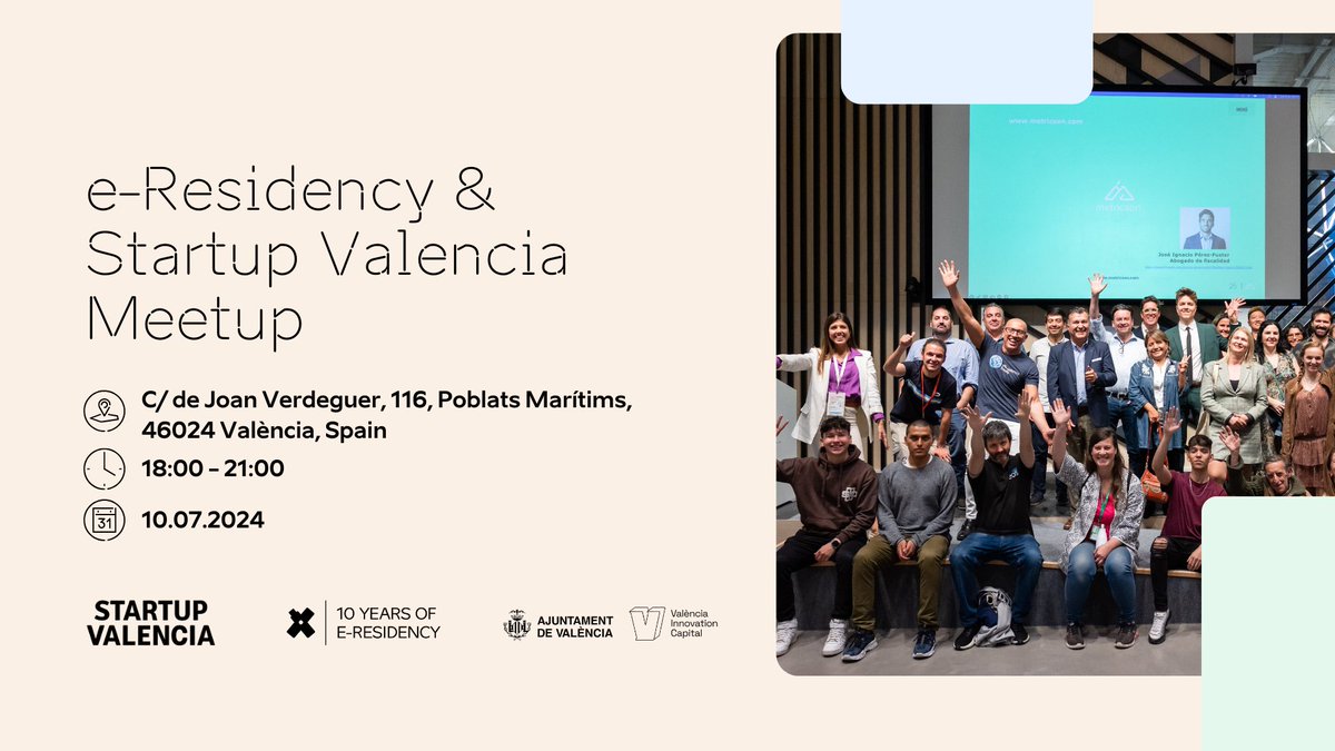 Join us at the <a href="/e_Residents/">e-Residency: Estonia</a> and Startup Valencia Meetup! 🚀

📅 July 10th
🕕 6 PM
📍 La Harinera, Valencia

We invite you to explore its potential to transform the way you run and grow your #business 🚀

Are you going to miss it? Reserve your spot now 👉 eventbrite.fi/e/e-residency-…