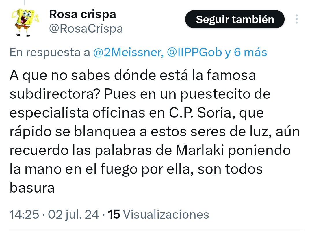 La exsubdirectora del C.P Villena imputada por varios delitos sigue trabajando para <a href="/IIPPGob/">Instituciones Penitenciarias</a> en C.P. Soria sin tener abierto ningún expediente por ello. Por qué la protegen? #sosprisiones <a href="/Nacho_Abad/">Nacho Abad 🇺🇦</a> <a href="/BraisCedeira/">Brais Cedeira</a> <a href="/okdiario/">okdiario.com</a> <a href="/TheObjective_es/">THE OBJECTIVE</a> 
⬇️⬇️⬇️
x.com/informacion_es…