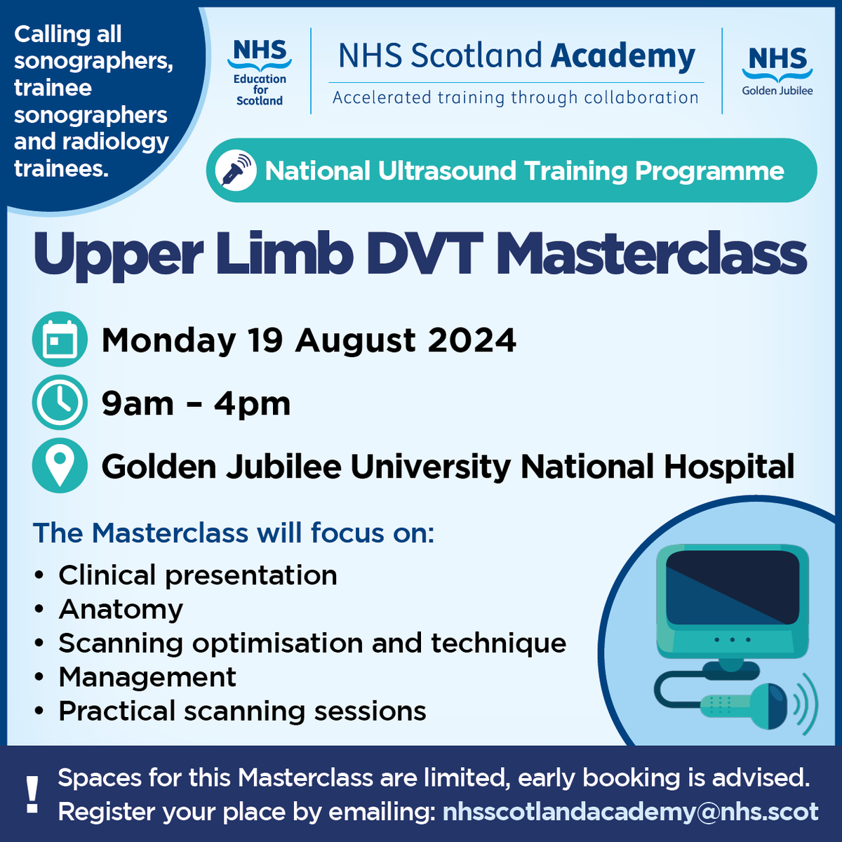 NHS Scotland Academy (@nhsscotacademy) on Twitter photo 📣The National Ultrasound Training Programme are running an Upper Limb DVT Masterclass for Sonographers, Trainee Sonographers and Radiology Trainees <a href="/JubileeHospital/">NHS Golden Jubilee</a> on Monday 19 August 2024🏥
✉️Email nhsscotlandacademy@nhs.scot to register your place 📣The National Ultrasound Training Programme are running an Upper Limb DVT Masterclass for Sonographers, Trainee Sonographers and Radiology Trainees <a href="/JubileeHospital/">NHS Golden Jubilee</a> on Monday 19 August 2024🏥
✉️Email nhsscotlandacademy@nhs.scot to register your place