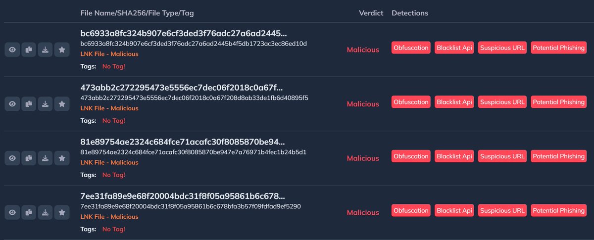 🚨 Similar Malicious LNK Files Have Proliferated Recently 🚨

☠️ Infection Flow: LNK File -&gt; EXE -&gt; Script (HTA) -&gt; Javascript (2) -&gt; Powershell -&gt; EXE

🕵️‍♂️ IOCs:
- (MD5) 9dac79de17f1cb6d75b6e6928eded598
- (MD5) a340d298b29992fdb8c00ef832f7ae34
- (MD5)