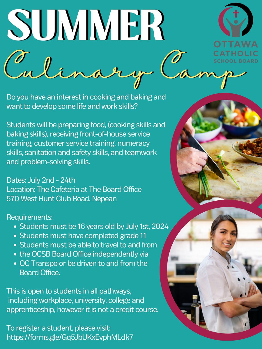 Looking for something to do this summer? Would you like to learn how to cook delicious meals for your friends &amp; family as well as gain valuable customer service &amp; transferable work skills? Register today - see poster for more info! <a href="/ocsbStudents/">OCSB Students</a> <a href="/ocsbDL/">OCSB Deep Learning</a> <a href="/seankellyottawa/">𝕊𝕖𝕒𝕟 𝕂𝕖𝕝𝕝𝕪</a>