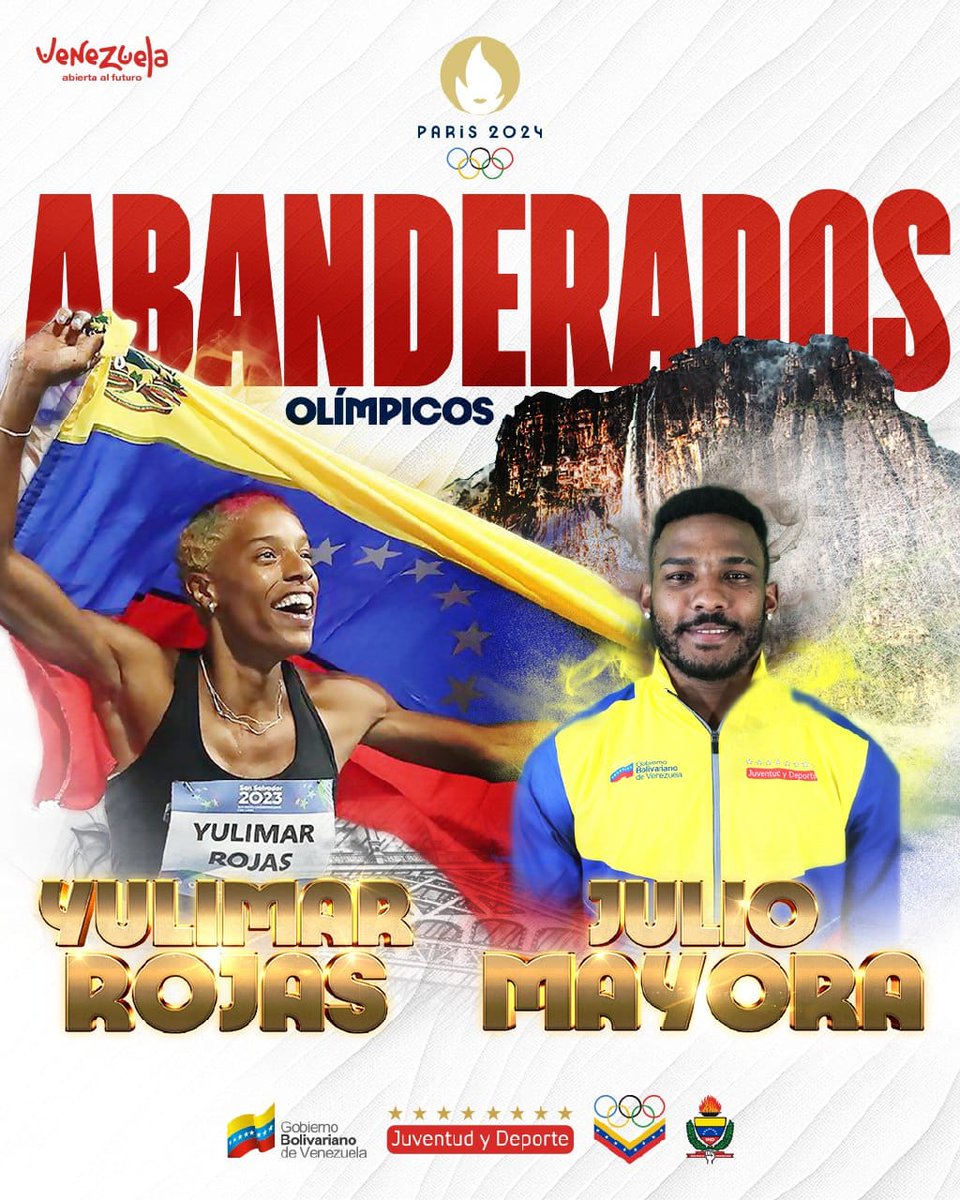 Nuestr@s Atletas <a href="/TeamRojas45/">Yulimar Rojas</a>  y <a href="/julio_mayoraOLY/">MAYORA JULIO OLY</a>  son l@s abanderad@s de Venezuela para los Juegos Olímpicos <a href="/Paris2024/">Paris 2024</a> 👏

Con ell@s van toda nuestra delegación de Atletas, Oficiales y Multidisciplinarios a llevar el tricolor nacional a seguir brillando ⭐️

¡Felicitaciones! ❤️