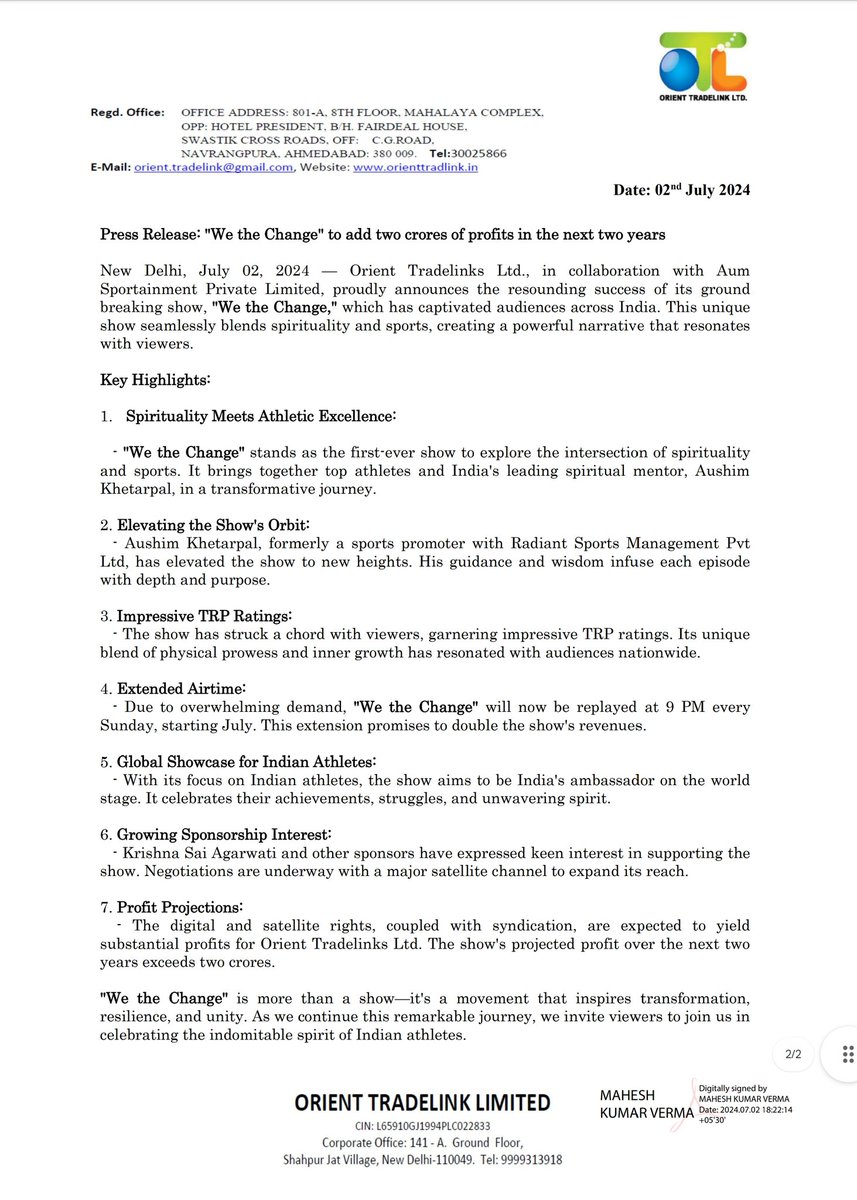 Stockxwatcher's tweet photo. Stock: ORIENTTR
Orient Tradelinks Ltd., in collaboration with Aum
Sportainment Private Limited, proudly announces the resounding success of its ground
breaking show, "We the Change," which has captivated audiences across India
#ORIENTTR #PriceAction #stocks #stockstowatch #trading #StockMarketNews #Marketbuzz #Result #Q1results2025 #hiddengem #multibagger