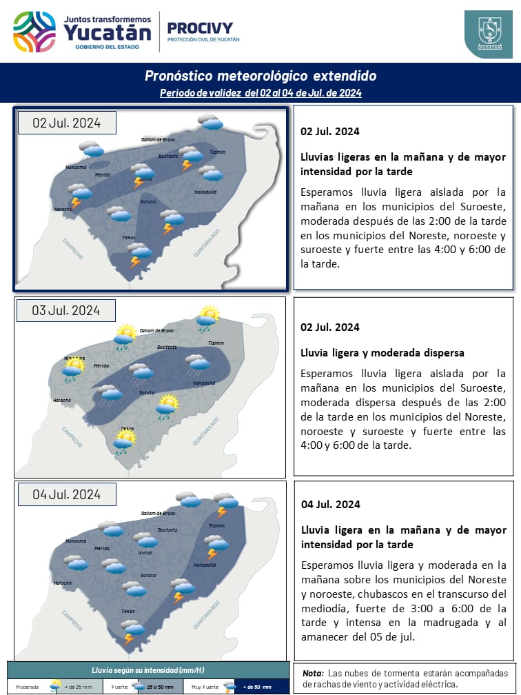 procivy's tweet photo. #Aviso

Informamos sobre el pronóstico extendido a 3 días, del martes 2 al jueves 4 de julio en #Yucatán, con la finalidad de que la ciudadanía se mantenga informada en esta temporada de #lluvias. https://t.co/EulE6m8bcg