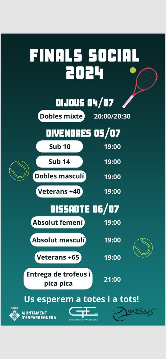 Aquest dijous, divendres i dissabte es jugaràn les FINALS del torneig SOCIAL al <a href="/CTEsparreguera/">Club Tennis Esparreguera</a> 
Totes les categories!
I dissabte a les 21.00h es farà entrega de trofeus amb un Pica Pica al bar social del club. Us hi esperem!