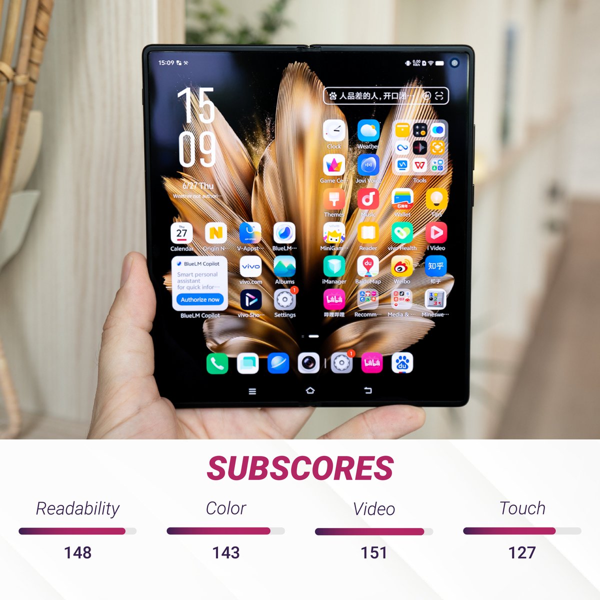 DXOMARK's tweet photo. The @Vivo_GLOBAL #XFold3Pro's main screen provided an excellent display experience for a foldable phone. Its anti-reflective film significantly improved readability under sunlight and minimized the visibility of the crease. https://t.co/o54qT9Fe70