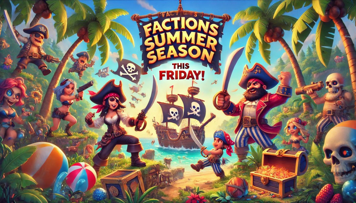 PlayMinecadia's tweet photo. Factions Pirate season 7 comes to an end tomorrow, followed by our Summer Season releasing on Friday at 5PM EST! 🌞🌴

In celebrations, we'll be giving away the following:
🏴‍☠️ 2x Kraken Ranks (30 days)
🏴‍☠️ 5x SOTW Crates
🏴‍☠️ 5,500x Gold

Follow us, retweet, and like to enter! 💛