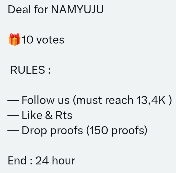 lea #waitingnamyuju (@namcheezu) on Twitter photo RT DEAL
🎁10 VOTES FOR NAM YUJU
Rules:
- Follow <a href="/FreeB__/">Sticky Nickels</a> (must reach 13,4k)
- Like & Rt
- Drop Proofs (150 Proofs)
End 24h RT DEAL
🎁10 VOTES FOR NAM YUJU
Rules:
- Follow <a href="/FreeB__/">Sticky Nickels</a> (must reach 13,4k)
- Like & Rt
- Drop Proofs (150 Proofs)
End 24h