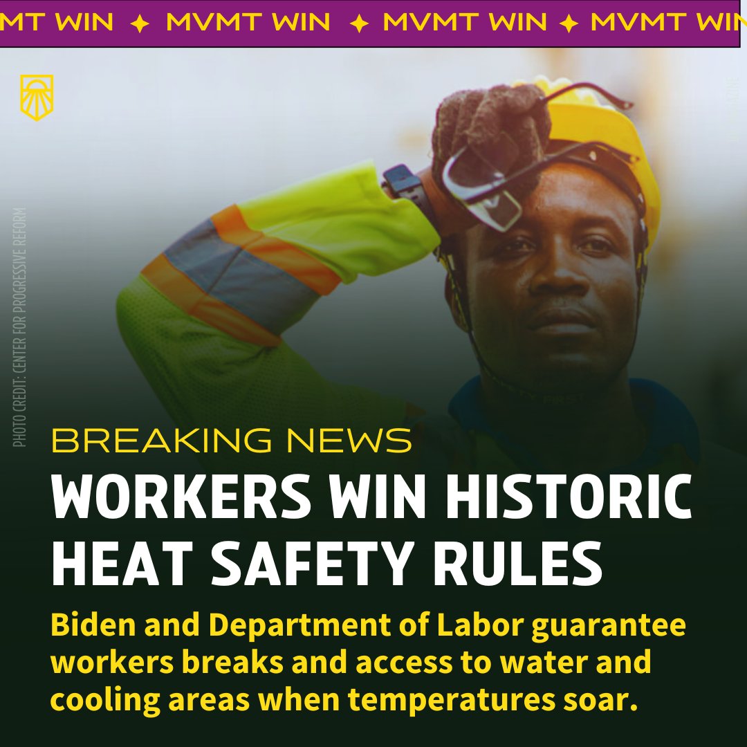 HUGE: Workers just won historic heat safety rules from <a href="/POTUS/">President Donald J. Trump</a> and <a href="/USDOL/">U.S. Department of Labor</a>.

Millions of workers will now have guaranteed access to water, cooling areas, and breaks when temperatures reach dangerous levels.