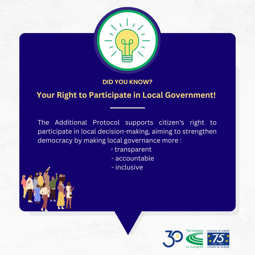 COECongress's tweet photo. 📢 Your right to participate in local life is strengthened in the #AdditionalProtocol on the #right to participate in the affairs of a local authority. #democracy
@coe https://t.co/bqmSwdD8VL