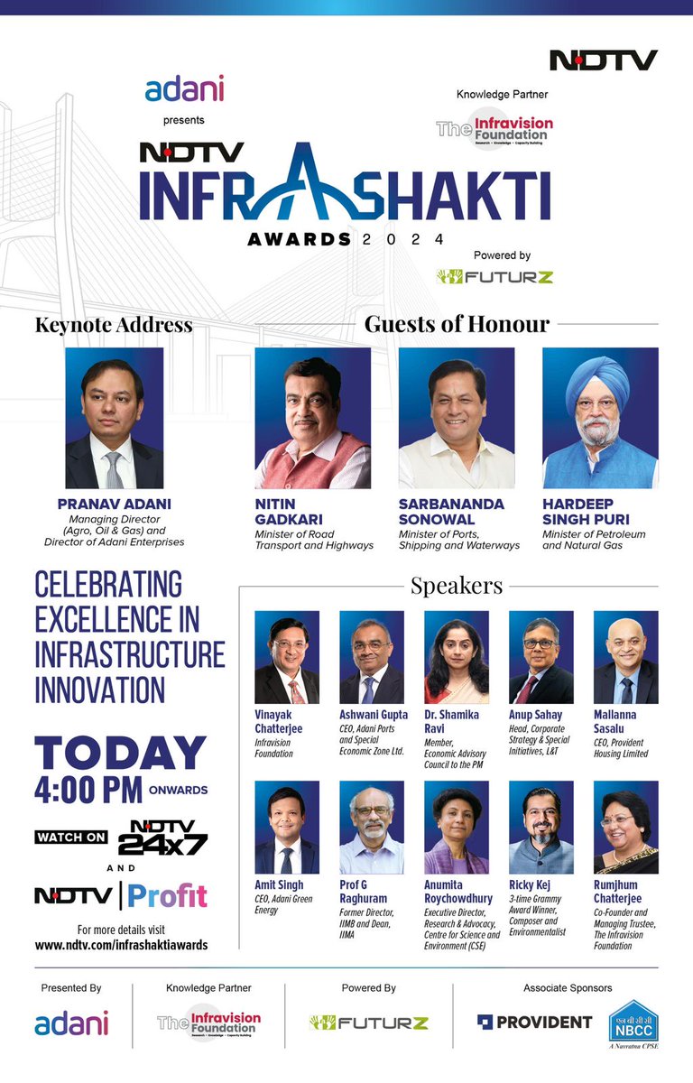Looking forward to insights from diverse visionaries under one roof at the #NDTVInfraShaktiAwards, discussing the impact of policies like Startup India and initiatives for creating employment on India's innovative and sustainable infrastructure practices <a href="/ndtv/">NDTV</a>