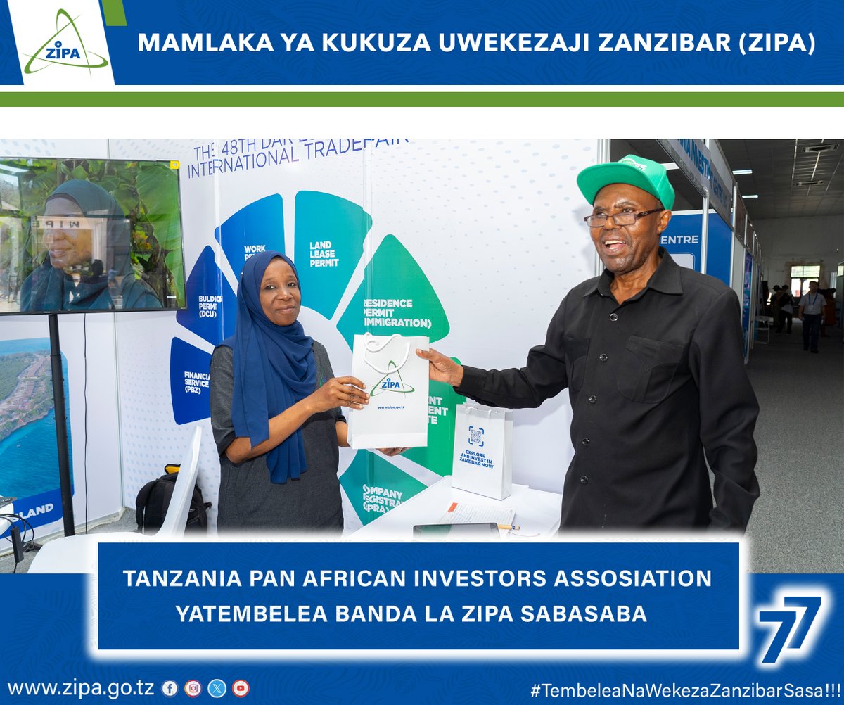Mamlaka ya Kukuza Uwekezaji Zanzibar (ZIPA) imekutana na muwakilishi wa kampuni ya Tanzania Pan African investors assosiation (TAPAIA) Bw. Sebastian Kingu aliyetembelea banda la ZIPA liliopo Saba Saba Hall kwenye Maonesho ya Kimataifa ya 48 ya Biashara (Saba Saba)