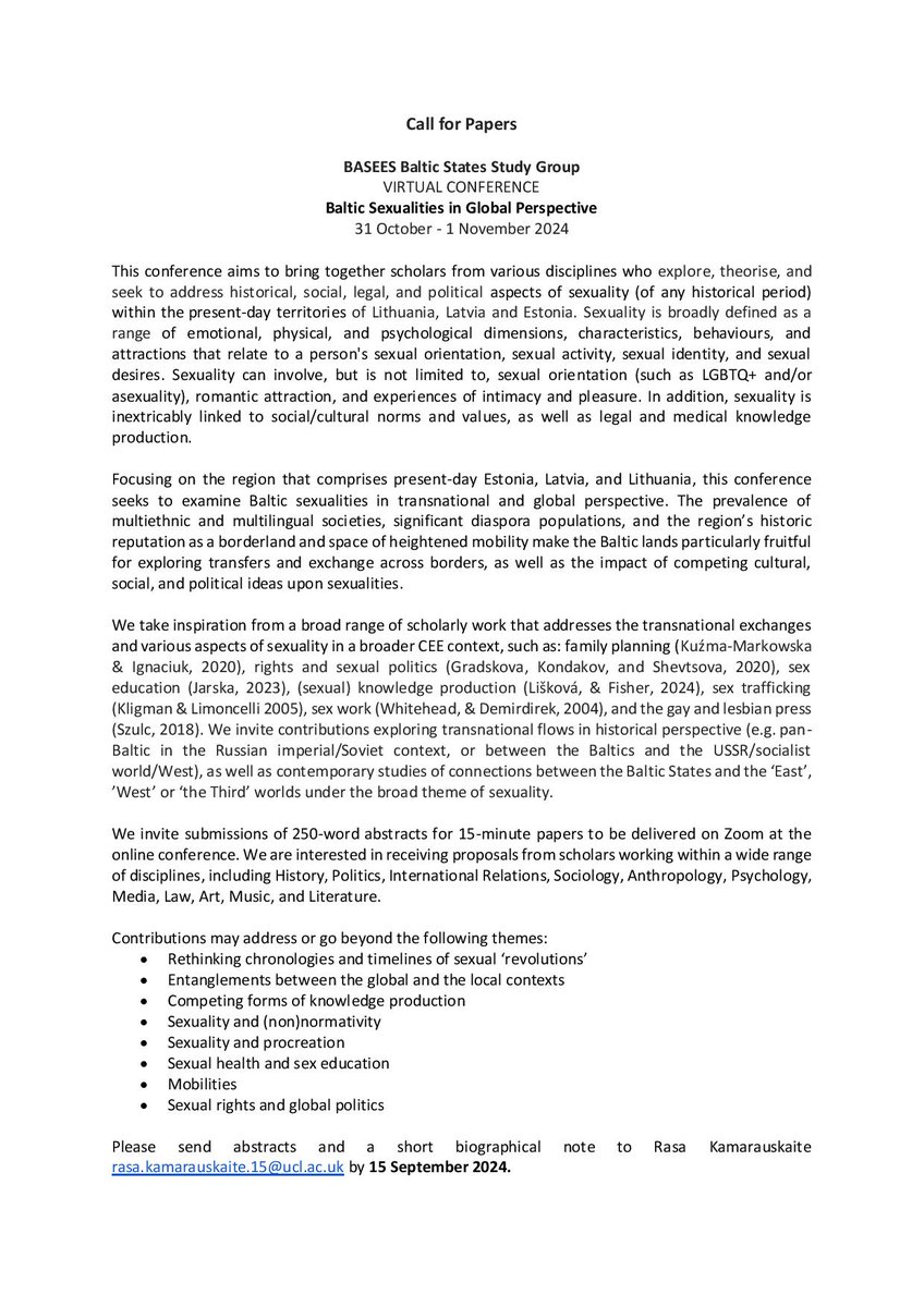 Call for papers for the virtual conference 'Baltic Sexualities in Global Perspective', 31 October-1 November 2024. Consider submitting an abstract if you work broadly on the theme of sexuality (in historical or contemporary perspective) in Estonia, Latvia, or Lithuania.