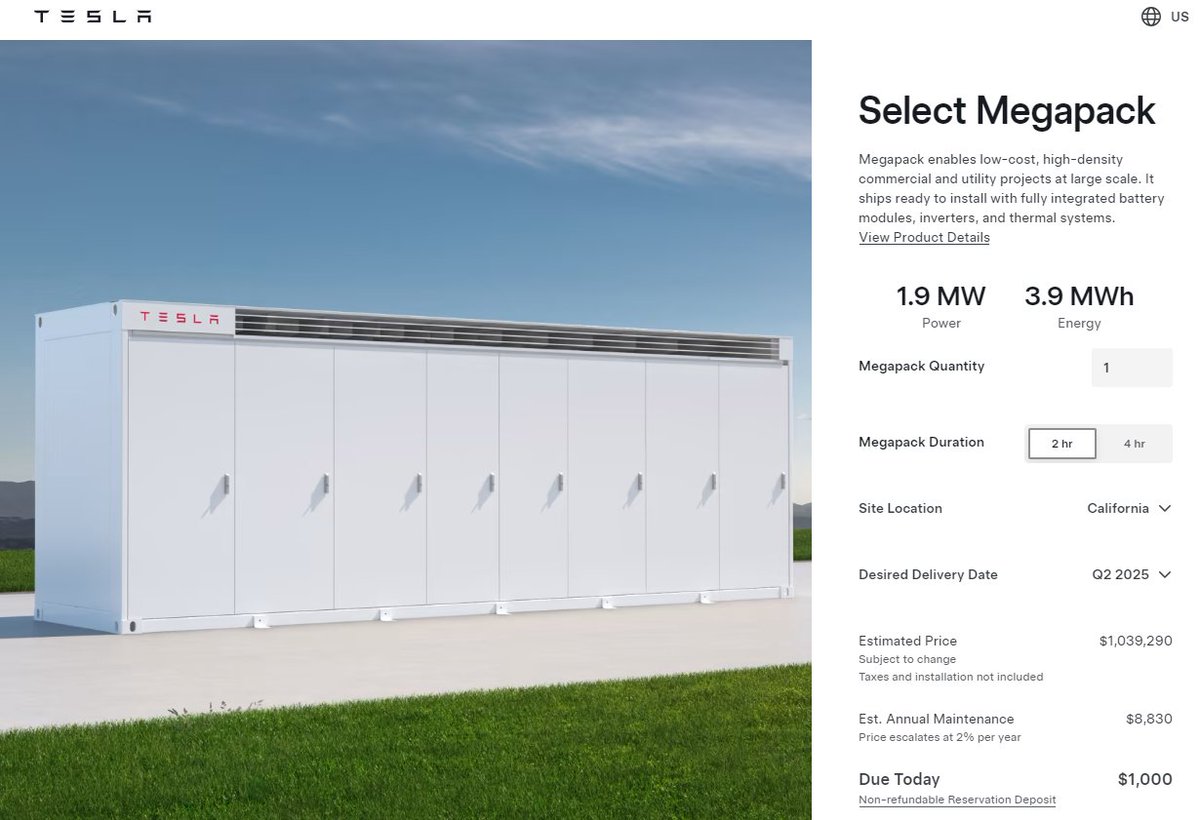 SolarInMASS's tweet image. $266.48/kWh for a Tesla Megapack