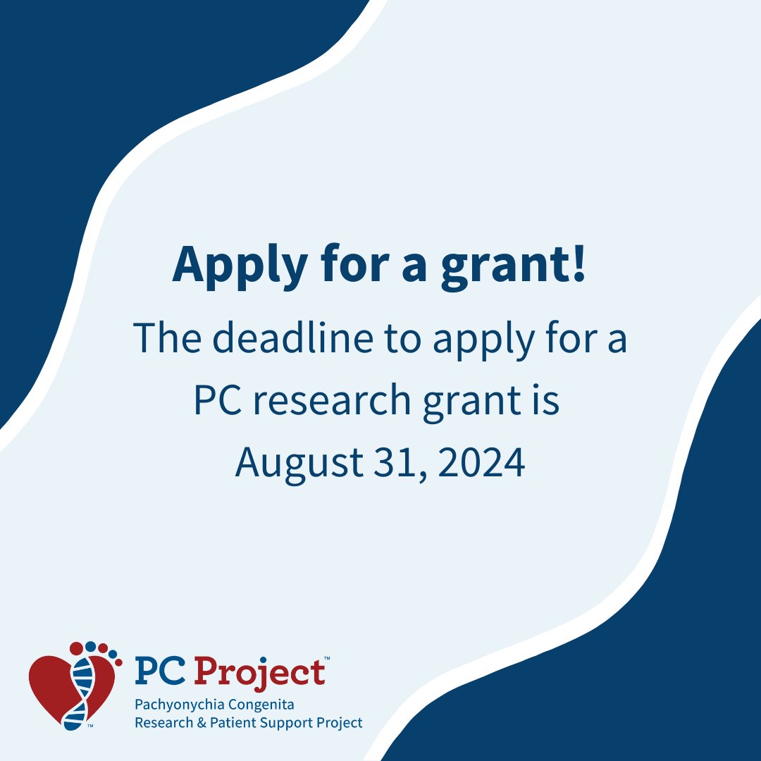 The grant deadline for PC research proposals is August 31!

For more details: pachyonychia.org/apply-for-a-gr…

#Pachyonychia #RareDisease #StopPCPain