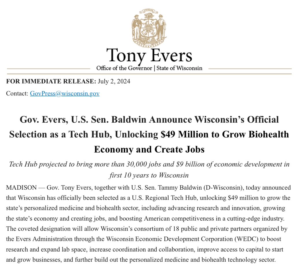 GovEvers's tweet image. BREAKING: Wisconsin has been officially selected as a @US_EDA Tech Hub.

This is a big deal, folks, that will make Wisconsin a national leader and bring more than 30,000 jobs to the state and $9 billion of economic development in the first 10 years.