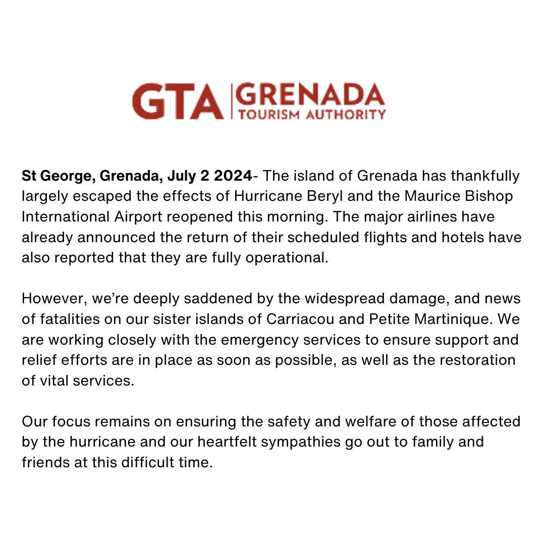 puregrenada's tweet photo. Grateful for Grenada's resilience as we reopen our skies and hotels post-Hurricane Beryl, but our hearts ache for our sister islands; Carriacou and Petite Martinique. Together, we stand strong, ready to support and rebuild.

#PureGrenada #Carriacou #PetiteMartinique https://t.co/HHBc3K1DgT