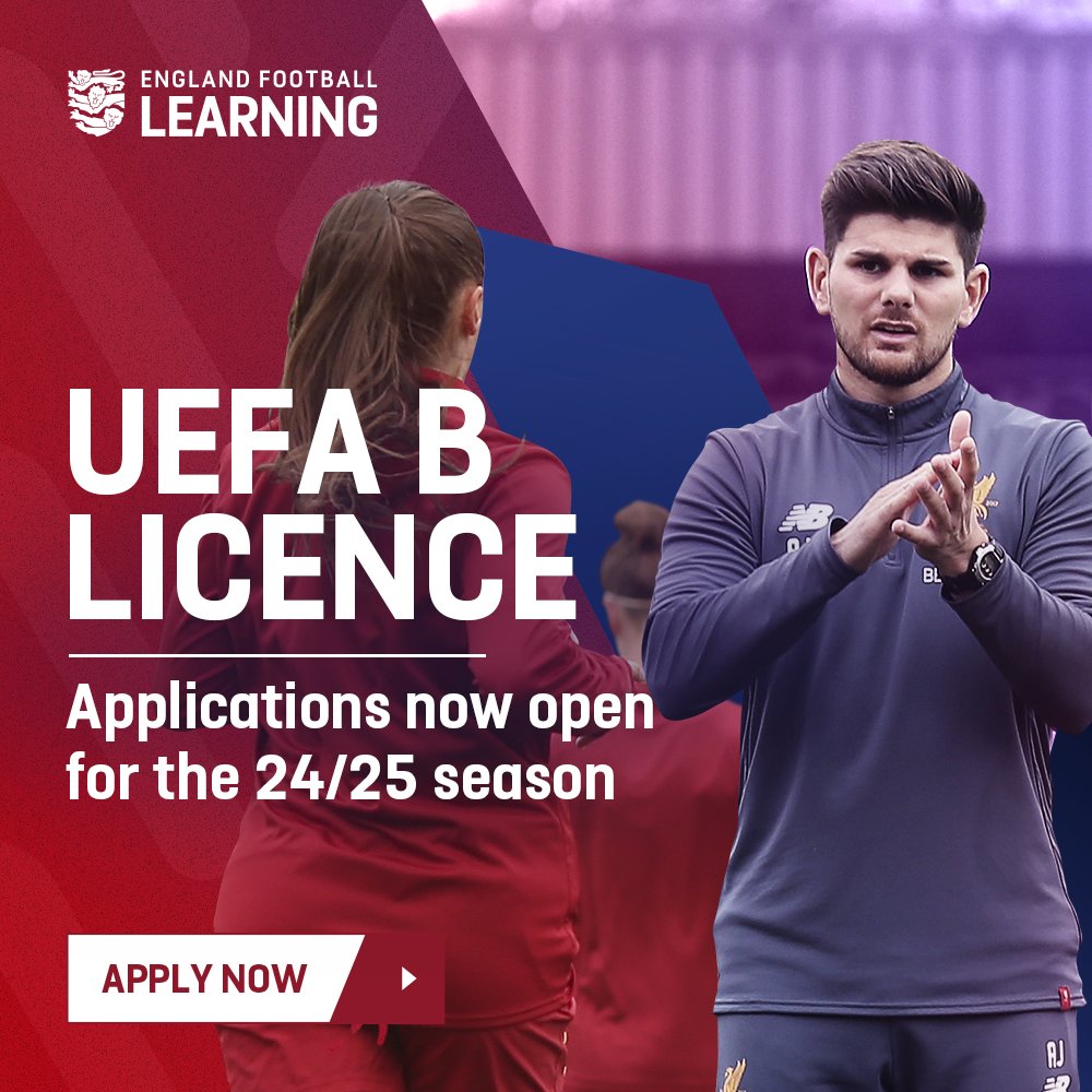 EnglandLearning's tweet photo. 🚨 Applications are open for UEFA B Licence courses in the 24/25 season.

Find out more and start your application now before the deadline on July 9th 👇