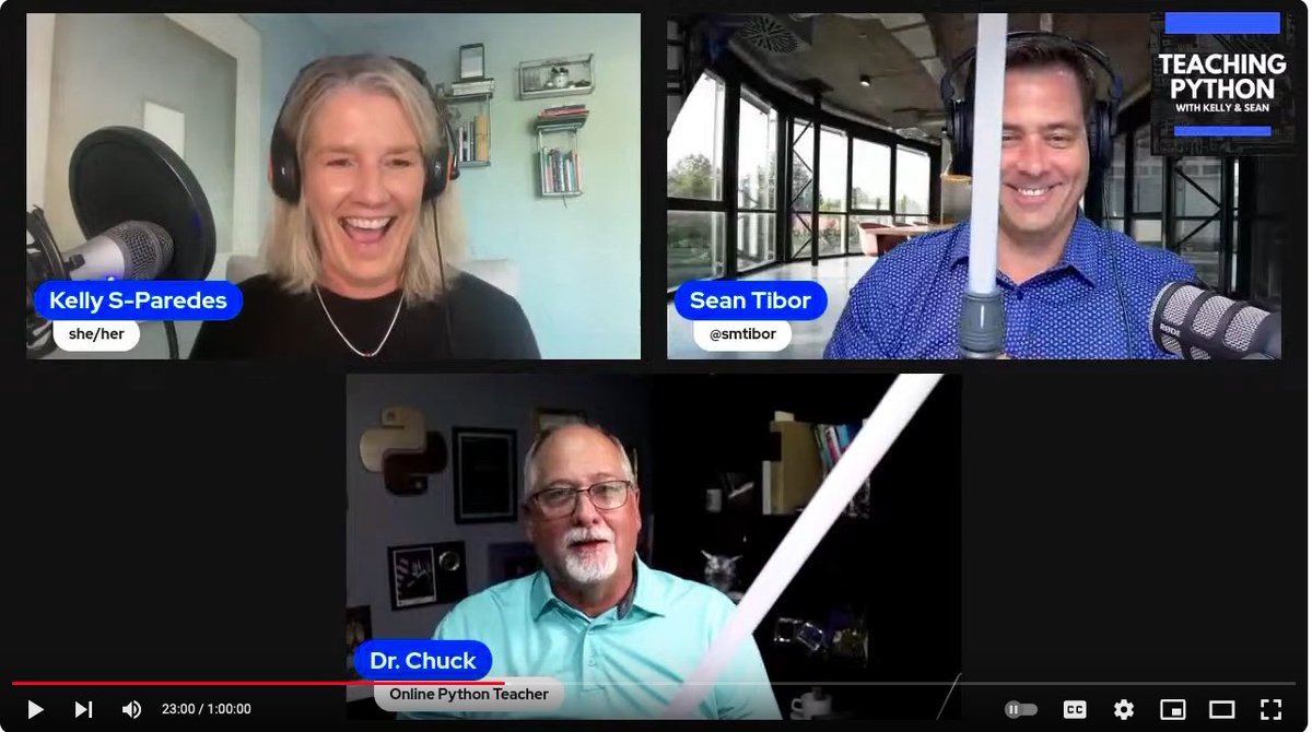 drchuck's tweet image. I was on the @teachingpython Podcast with @kellypared and @smtibor and I pulled out my handy Light Saber to make a point about programming skills. Sean pulled his saber out too - and his ran Python :) It is at about 23 minutes into youtube.com/watch?v=v_nWqC…