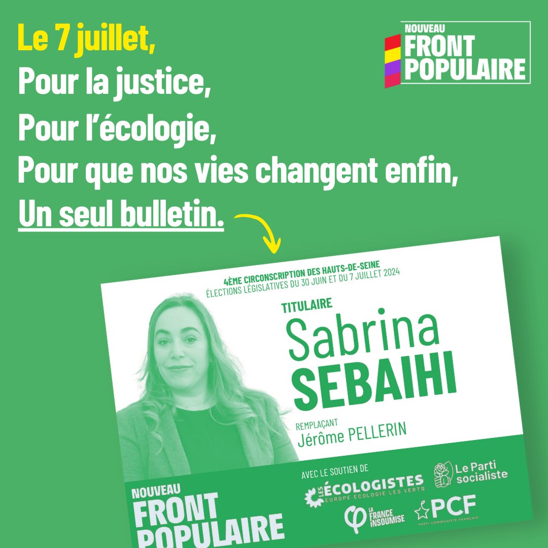 SabrinaSebaihi's tweet photo. Ce dimanche #7juillet, j'appelle les électrices et électeurs de #Nanterre et #Suresnes à se mobiliser massivement pour le 2nd tour!

Le #NouveauFrontPopulaire est un projet d'avenir qui nous permettra de rompre avec le status quo du camp présidentiel. Le bulletin reste le même ✊ https://t.co/yrNi9kphqH