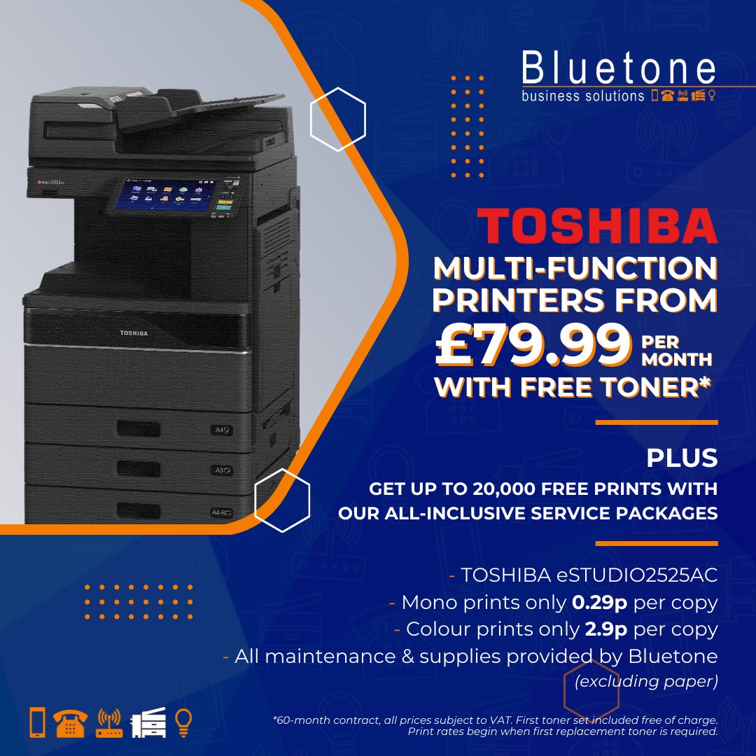 ***LIMITED TIME OFFER***

TOSHIBA MULTI-FUNCTION PRINTERS FROM £79.99 PER MONTH WITH FREE TONER

PLUS we'll give you up to 20,000 FREE prints with our all-inclusive service packages; you'll only need to supply paper!!

Get in touch to secure yours and upgrade your office today!