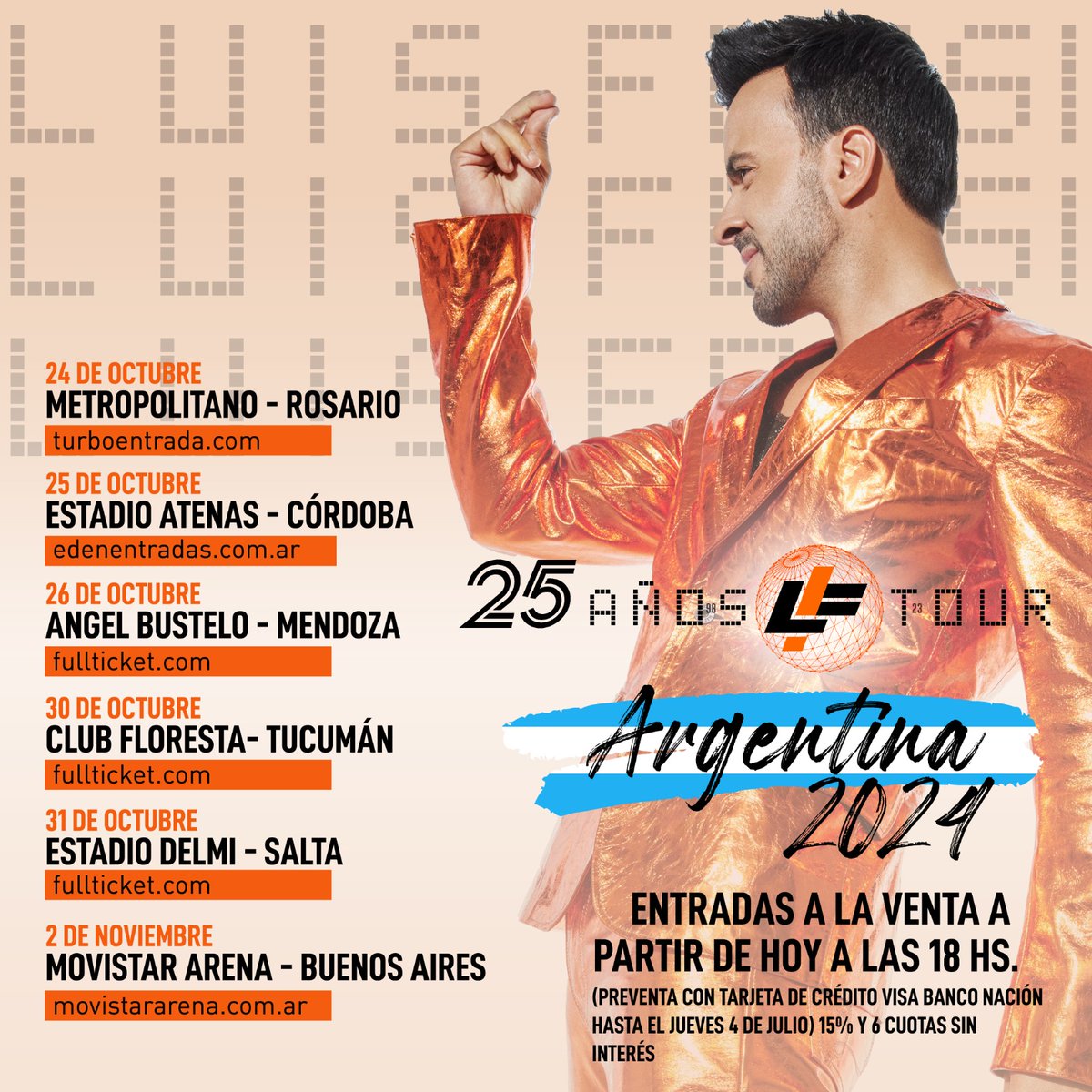 Felices de poder tenerte tantos días en nuestro país.
No te quedes sin tu entrada!!!
#25añosfltour
#LuisFonsi 
<a href="/Fonsisangels/">Fonsi's Angels Arg</a>