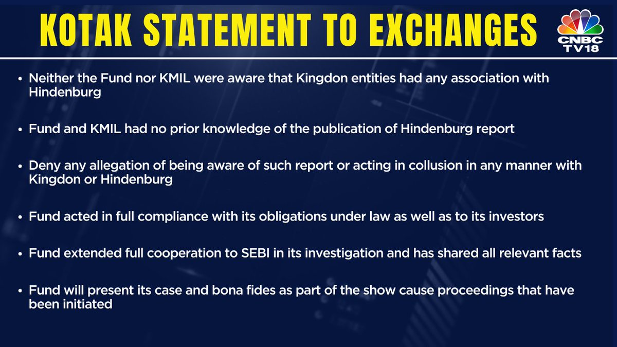 CNBCTV18Live's tweet photo. #NewsFlash | #Kotak adds, neither the Fund nor #KMIL were aware that #Kingdon entities had any association with #Hindenburg. Fund and KMIL had no prior knowledge of the publication of Hindenburg report https://t.co/IC1dSISo8W