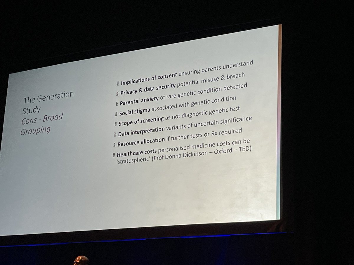 Evelyn Mensah presents the pros and cons of the Generation Study - early treatment and better outcomes to be balanced against costs, consent, privacy and health inequity.   #OOC2024
