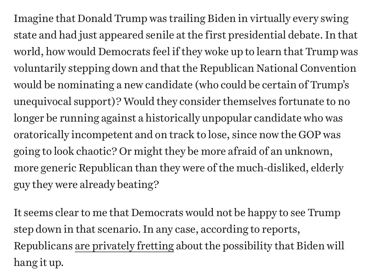 EricLevitz's tweet photo. Some have argued that it's better for Democrats to stick with Biden than risk the chaos of the unknown. 

I think this idea rests on little beyond status-quo bias. And I'd advise Democrats who think otherwise to consider a simple thought experiment: 

https://t.co/tZaPKx2IpU https://t.co/Fm8ozW2N17