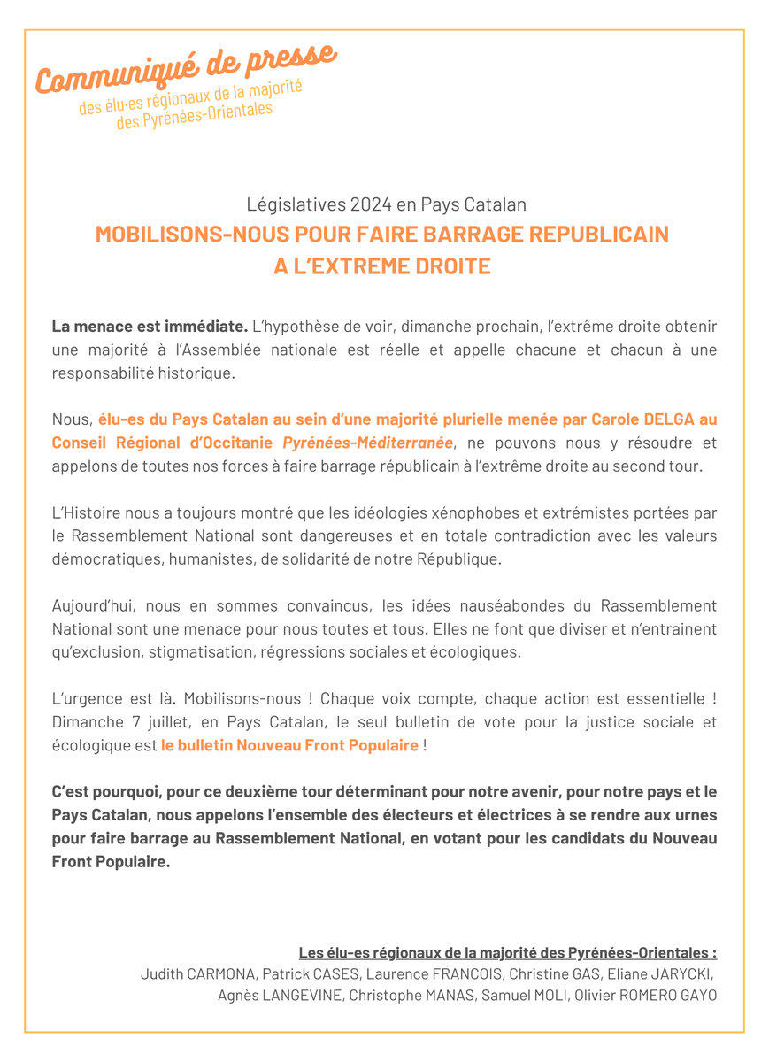 Mobilisons-nous pour faire barrage à l'extrême droite ! Chaque voix compte, chaque action est essentielle ! En Pays Catalan, le seul bulletin de vote pour la justice sociale et écologique est le bulletin #NouveauFrontPopulaire !

----
#Legislatives2024 - #NouveauFrontRepublicain