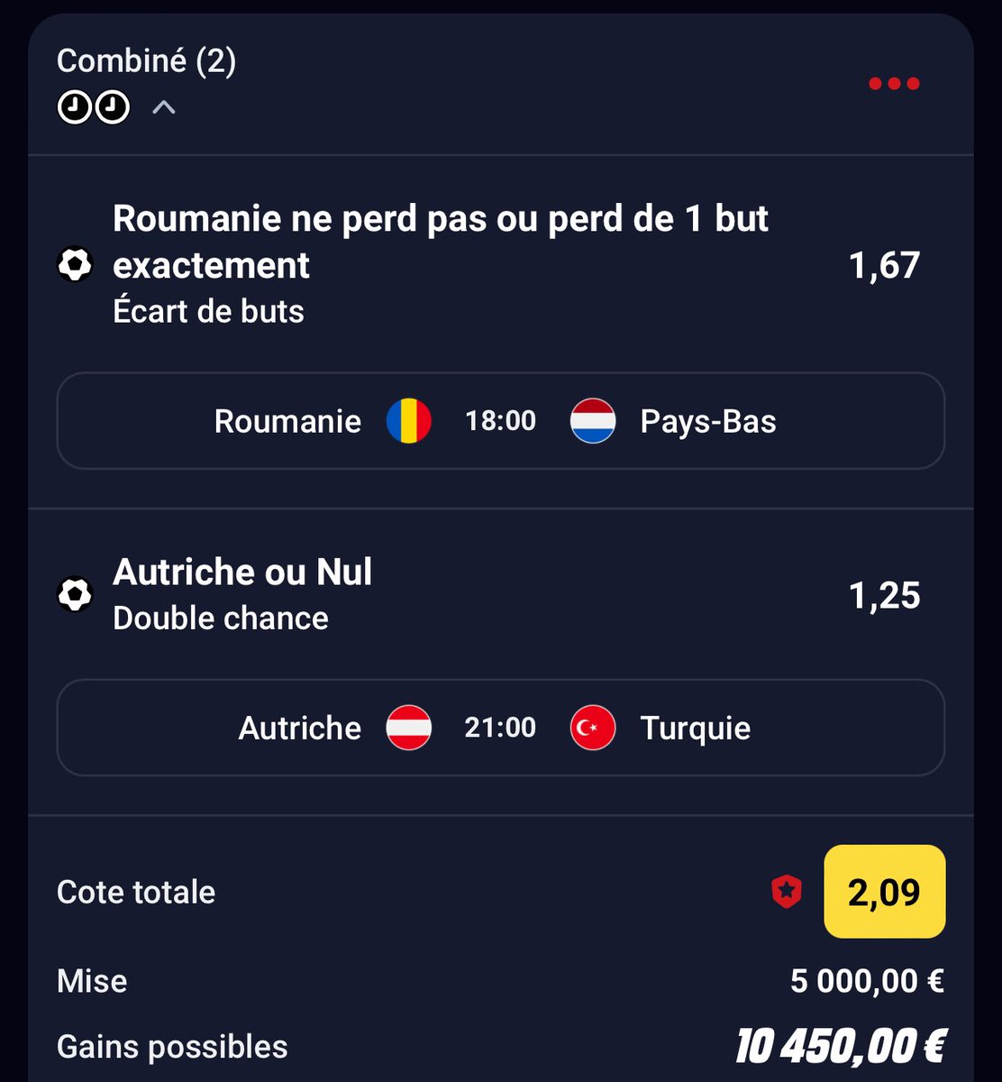 lasacoche10's tweet photo. Mon prono fil rouge

Pas confiance au Pays Bas et j ai bien aimé la Roumanie en poule 

L’Autriche sur le papier c’est bien supérieur à la Turquie 

100€ parmis les RT/Like
50€ parmis un nouvel abonné 

Si ça passe, bonne chance 🍀 https://t.co/s6h0pZV3Uw