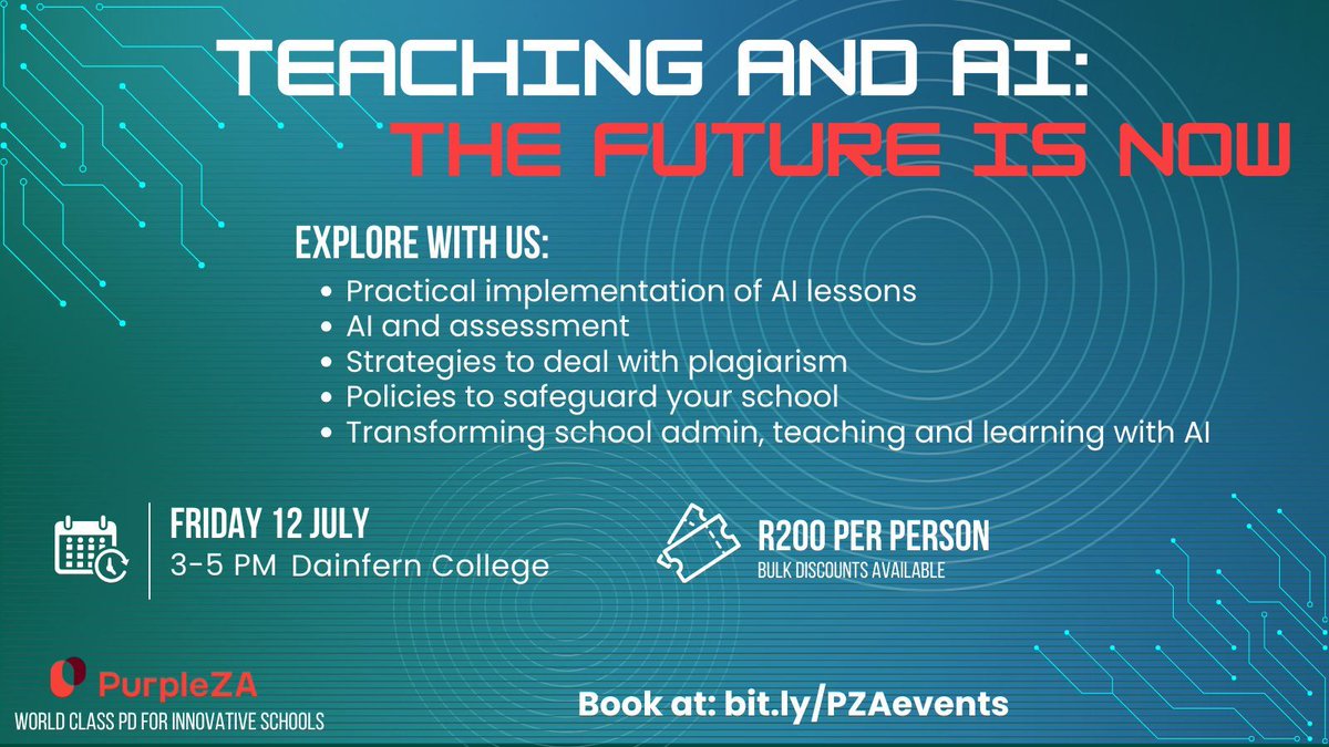 Overwhelmed by the realities of AI in education? Want to make #AI work for you? Join in for this epic talk on 12 July @officialdainferncollege as we navigate the present and future of learning together. Book your spot at bit.ly/PZAevents today! 🌟  #AIinEducation