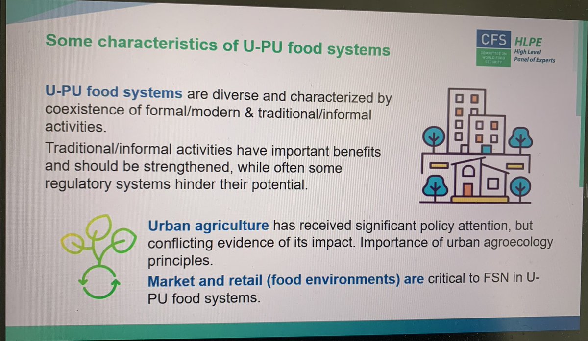 Liz_Kimani's tweet photo. The report highlights importance of upholding #RightToFood & connection with #RightToCity. @HilalElver highlights link to #FoodSovemeignity - support for smallholder farmers in #UrbanAgriculture.
The report (& commenters in the launch) highlight need to employ #Agroecology principles to ensure food security, for social cohesion & environmental sustainability in the context of #ClimateChange.
@FAO @hlpe_cfs