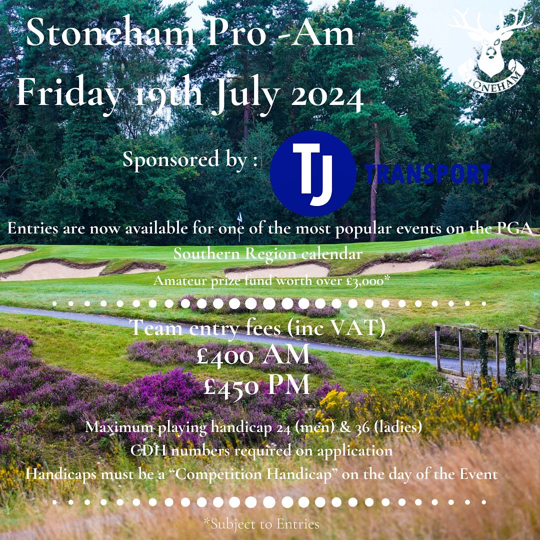Pro-Am entries closing soon ‼️

We still have limited spaces left in the morning and afternoon. If you would like to play please fill out an entry form which can be found at the link below: 

stonehamgolfclub.org.uk/competition.ph…

Hope to see you there 😁⛳️