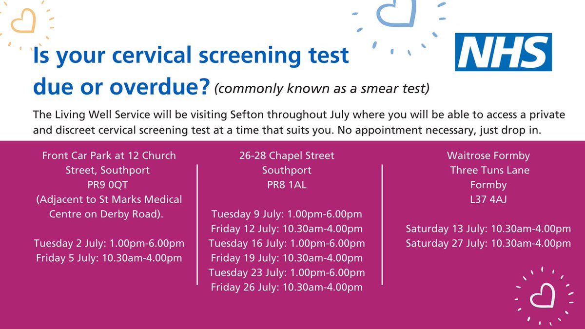 Sefton CVS (@seftoncvs) on Twitter photo Is your cervical screening test due or overdue?
The Living Well Service will be visiting Sefton throughout July where you will be able to access private and discreet support at a time that suits you.
No appointment necessary, just drop in 💙
#MySefton <a href="/NHSCandM/">NHS Cheshire and Merseyside</a> <a href="/NHSNW/">NHS North West</a> <a href="/cwpnhs/">Cheshire and Wirral Partnership NHS FT</a> Is your cervical screening test due or overdue?
The Living Well Service will be visiting Sefton throughout July where you will be able to access private and discreet support at a time that suits you.
No appointment necessary, just drop in 💙
#MySefton <a href="/NHSCandM/">NHS Cheshire and Merseyside</a> <a href="/NHSNW/">NHS North West</a> <a href="/cwpnhs/">Cheshire and Wirral Partnership NHS FT</a>