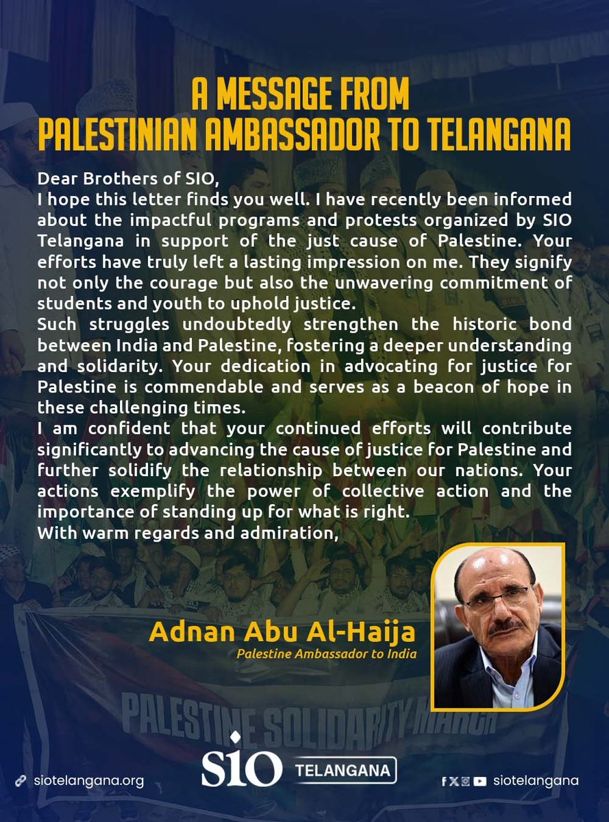 SIOTelangana's tweet photo. A message from Palestinian Ambassador to Telangana

Palestinian ambassador recognised our efforts, which he says, are contributing to advancing the Palestinian cause.

More power to our cadre who became champion of Palestinian cause 🇵🇸

#TelanganawithPalestine 
#PalestiniansLivesMatter
