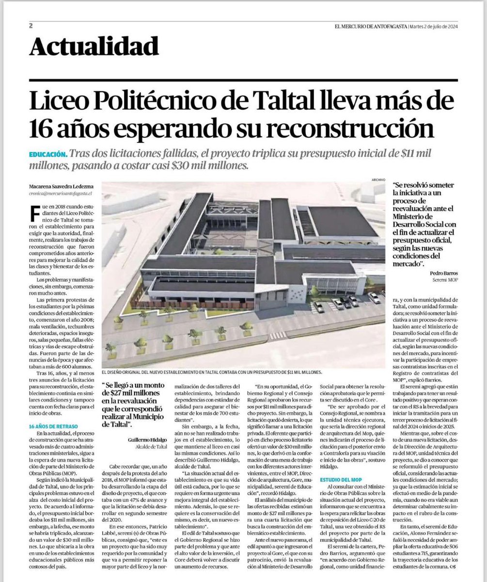 No puede normalizarse que los proyectos terminen costando el ¡triple del valor inicial!. 

El caso del liceo de #Taltal es un ejemplo digno de lo que no debe ocurrir. 

Las responsabilidades de los mandantes, los que financian y los que ejecutan no terminan con la aprobación de